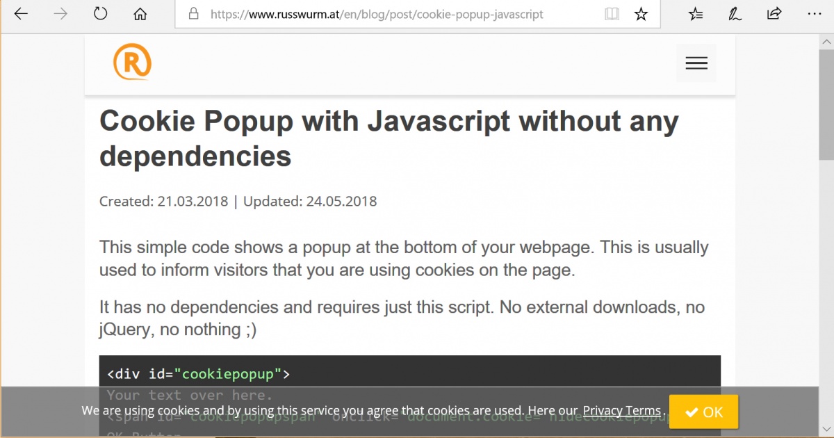 Cookie Popup with Javascript without any dependencies • Russwurm